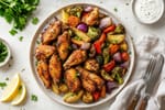 Crispy Baked Chicken Wings with Roasted Vegetables recipe from Thrifty Thyme
