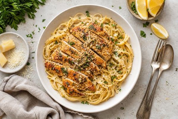 Garlic Parmesan Chicken Pasta recipe from Thrifty Thyme