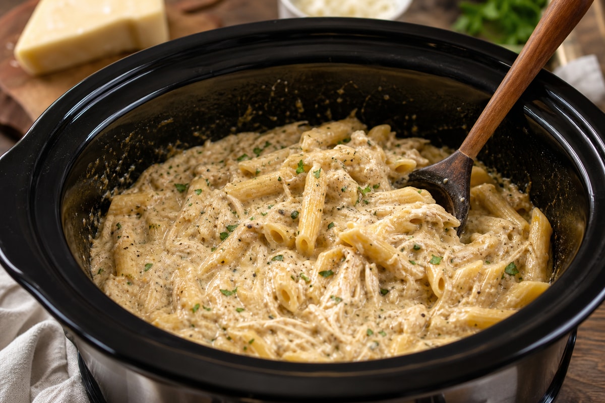 Slow Cooker Garlic Parmesan Chicken Pasta recipe from Thrifty Thyme