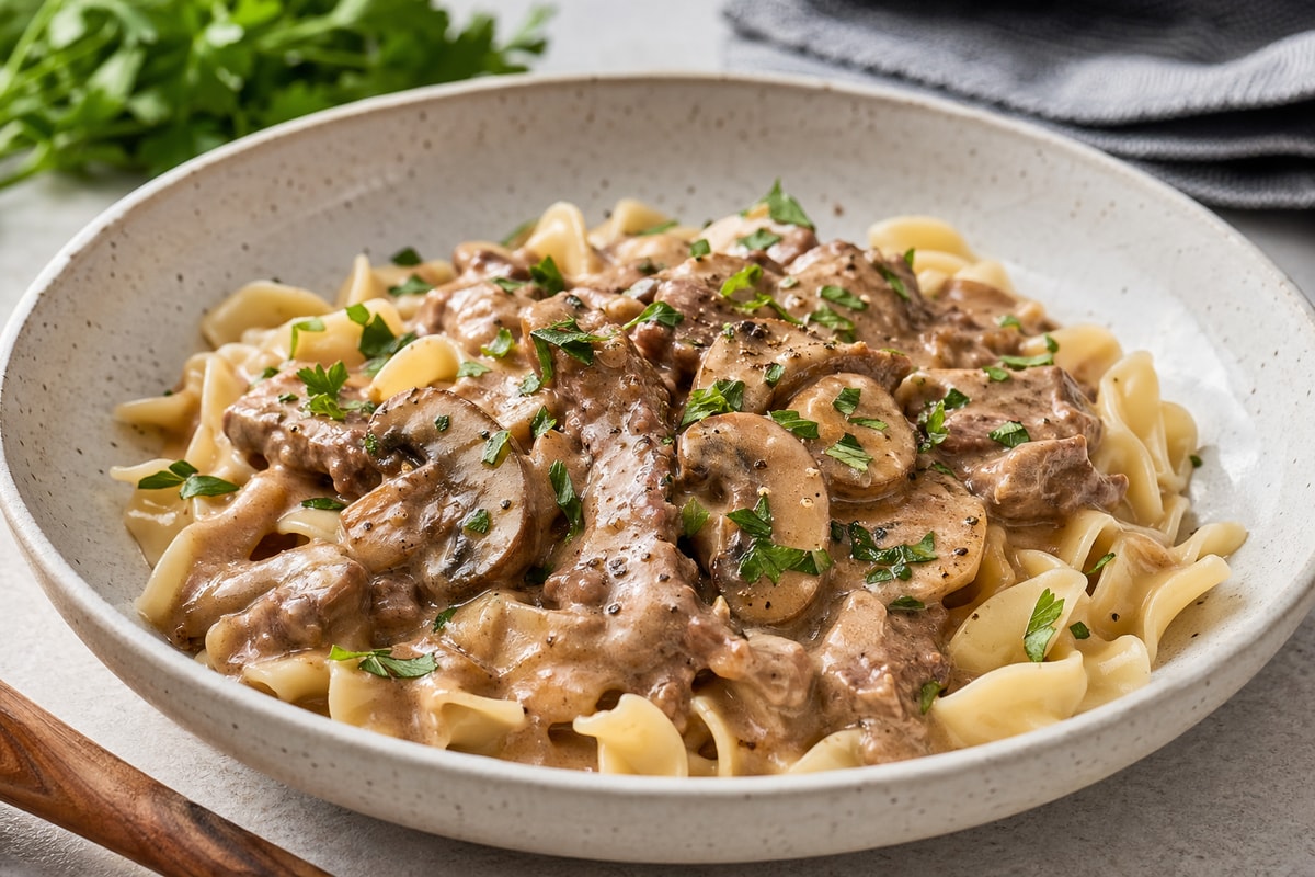 Slow Cooker Beef Stroganoff with Fresh Herbs recipe from The Verdant Spoon