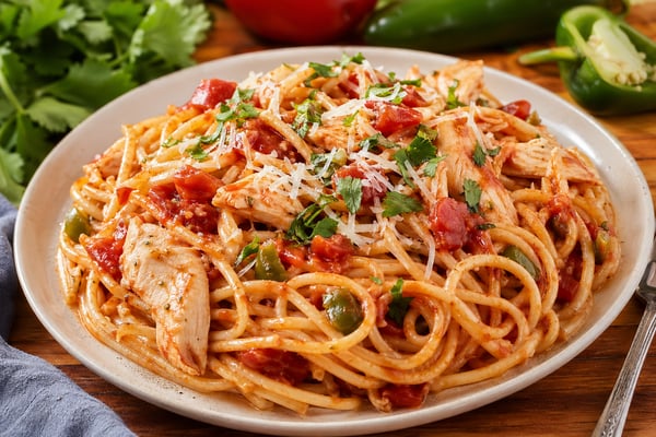 Tomato Chile Chicken Spaghetti recipe from The Verdant Spoon