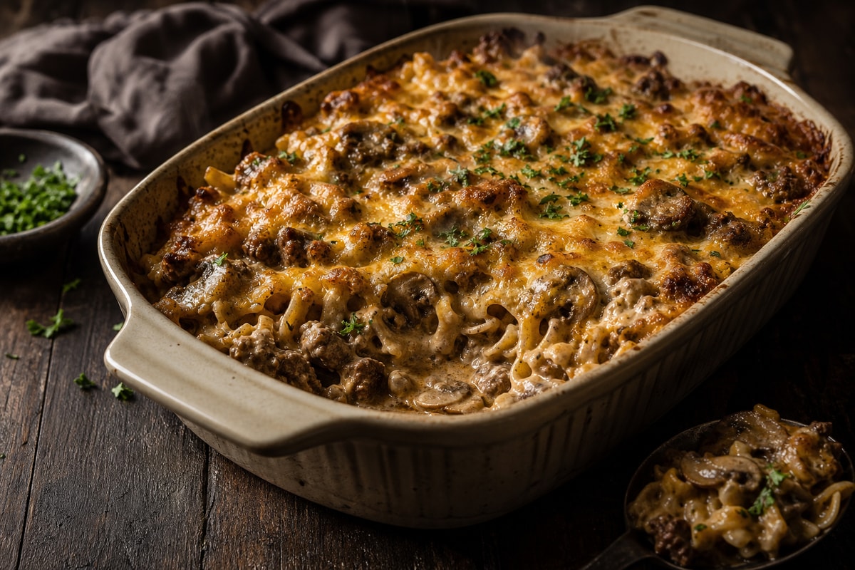Creamy Beef Stroganoff Bake recipe from Freezer Meals Hub