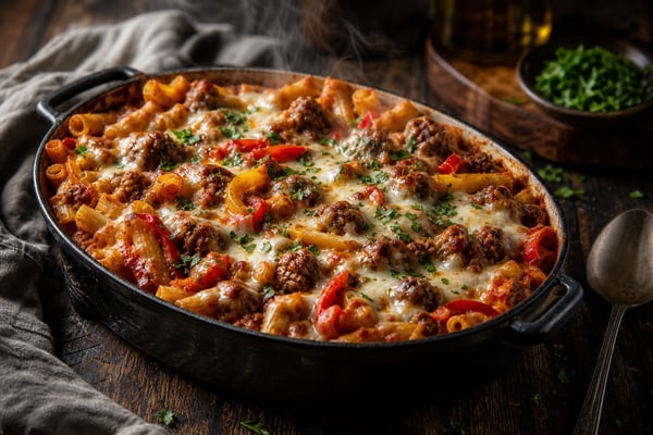 Italian Sausage and Pepper Pasta Bake recipe from Freezer Meals Hub