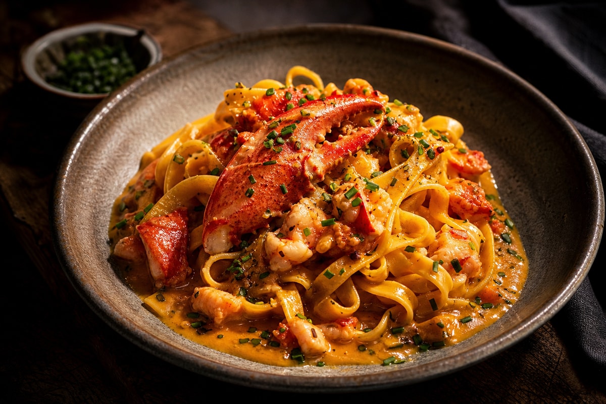 Sommelier-Style Saffron Lobster Tagliatelle Sommelier-Style Saffron Lobster Tagliatelle recipe from Copper Ladle Studio