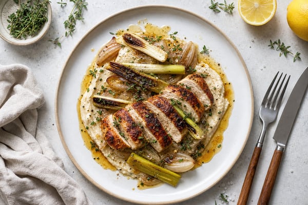 Market Charred Leek Soubise Chicken Suprême recipe from Copper Ladle Studio