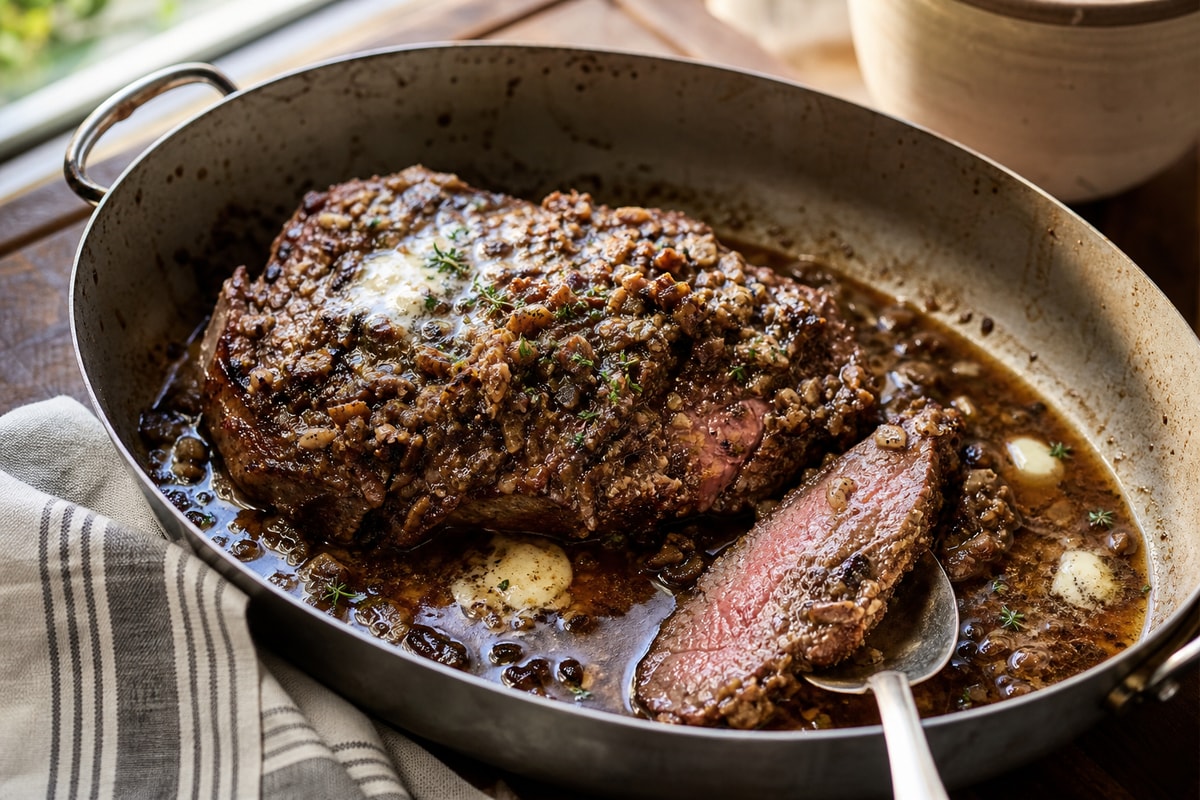 Hand-Cut Porcini Crusted Ribeye Hand-Cut Porcini Crusted Ribeye recipe from Copper Ladle Studio