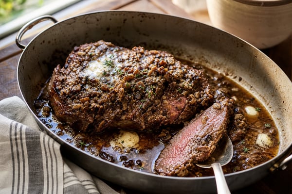 Hand-Cut Porcini Crusted Ribeye recipe from Copper Ladle Studio