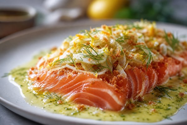 Sommelier-Style Citrus Fennel Crudo Style Salmon recipe from Copper Ladle Studio