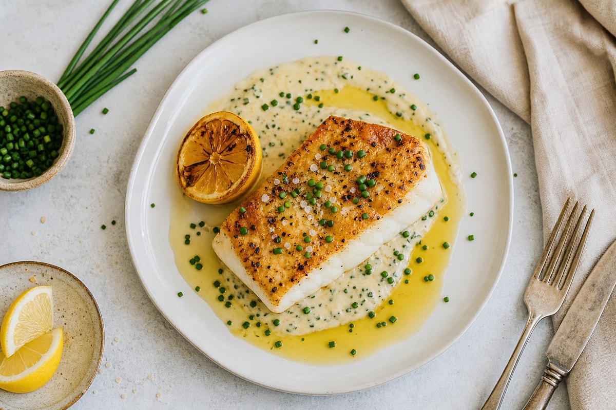 Seared Chive Beurre Blanc Halibut recipe from Copper Ladle Studio