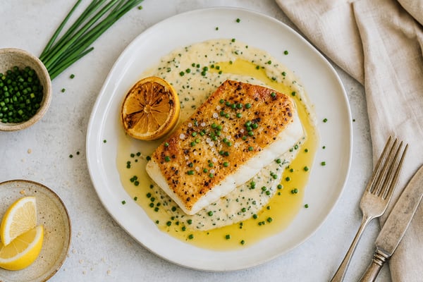 Seared Chive Beurre Blanc Halibut recipe from Copper Ladle Studio