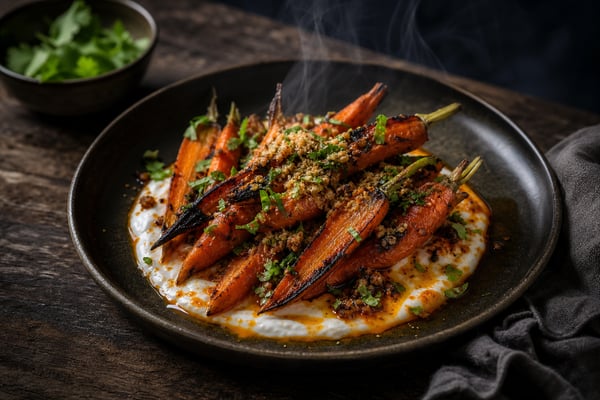 Hand-Cut Charred Carrot Harissa Yogurt recipe from Copper Ladle Studio