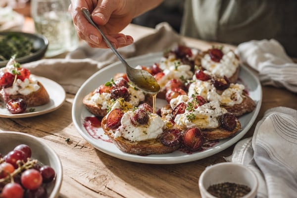 Market Charred Grape Burrata Crostini Dinner recipe from Copper Ladle Studio
