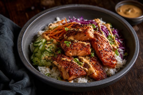 Crispy Salmon Rice Bowls Crispy Salmon Rice Bowls recipe from Protein Packed Weeknights